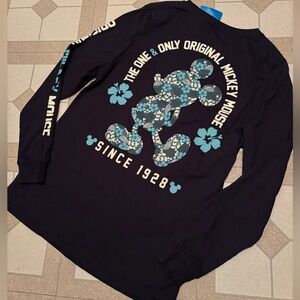 NEW DISNEYLAND Mickey Mouse Floral Graphic Long Sleeve Tee - Navy & Aqua